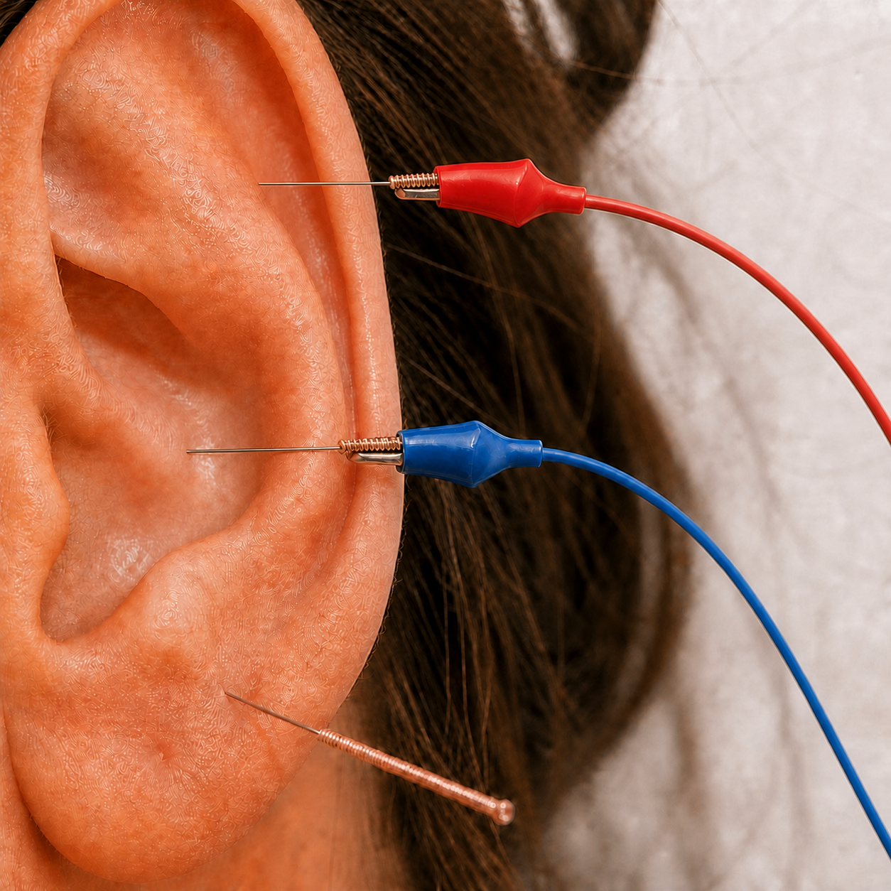 Ear electroacupuncture with red and blue electrode leads at Dr VJ's clinic